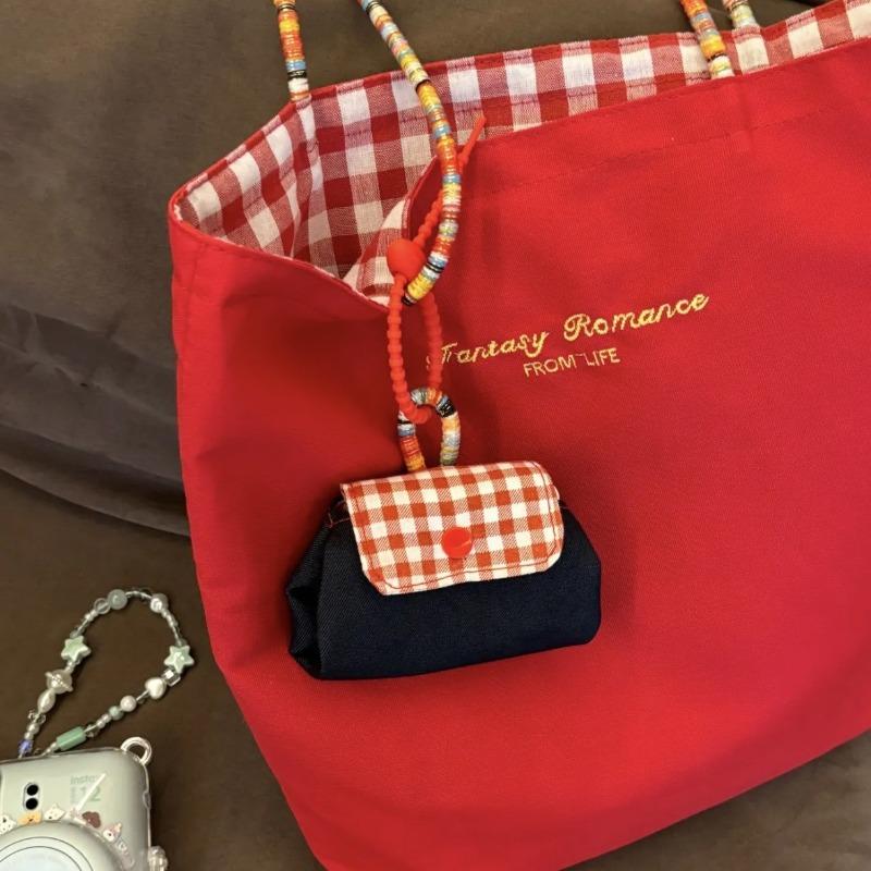 Red checkered small bag cute and exquisite headphone bag denim canvas can be hung on the bag small bag portable pendant