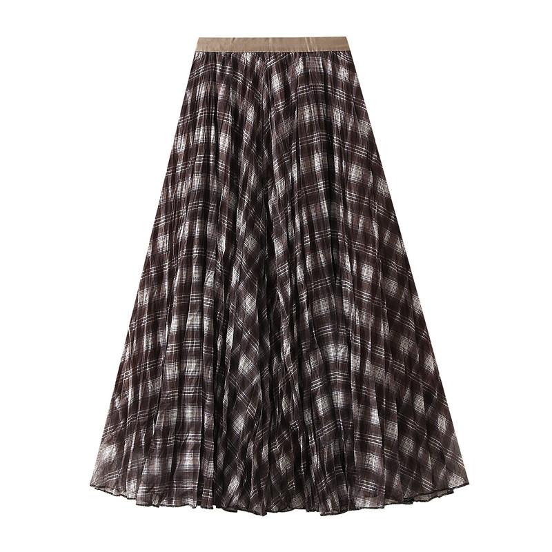 Qooth Autumn Brown Plaid Skirt for Women A-Line Maxi Length Slim Half Skirt QT2745
