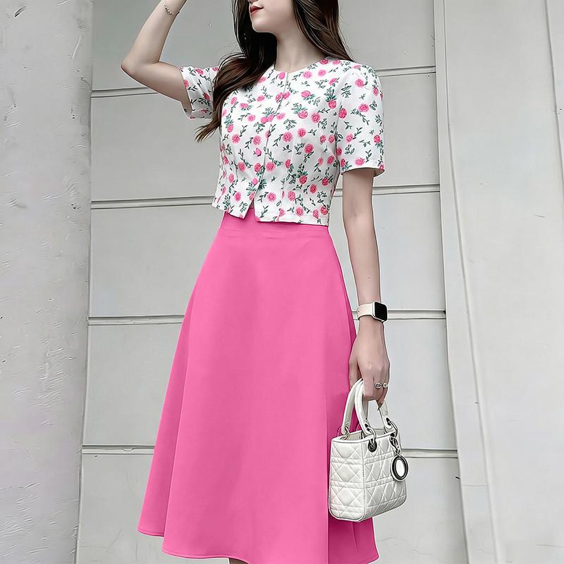 

ZANZEA Женский летний костюм из двух предметов: блузка с коротким рукавом и цветочным принтом и юбка миди S розовый