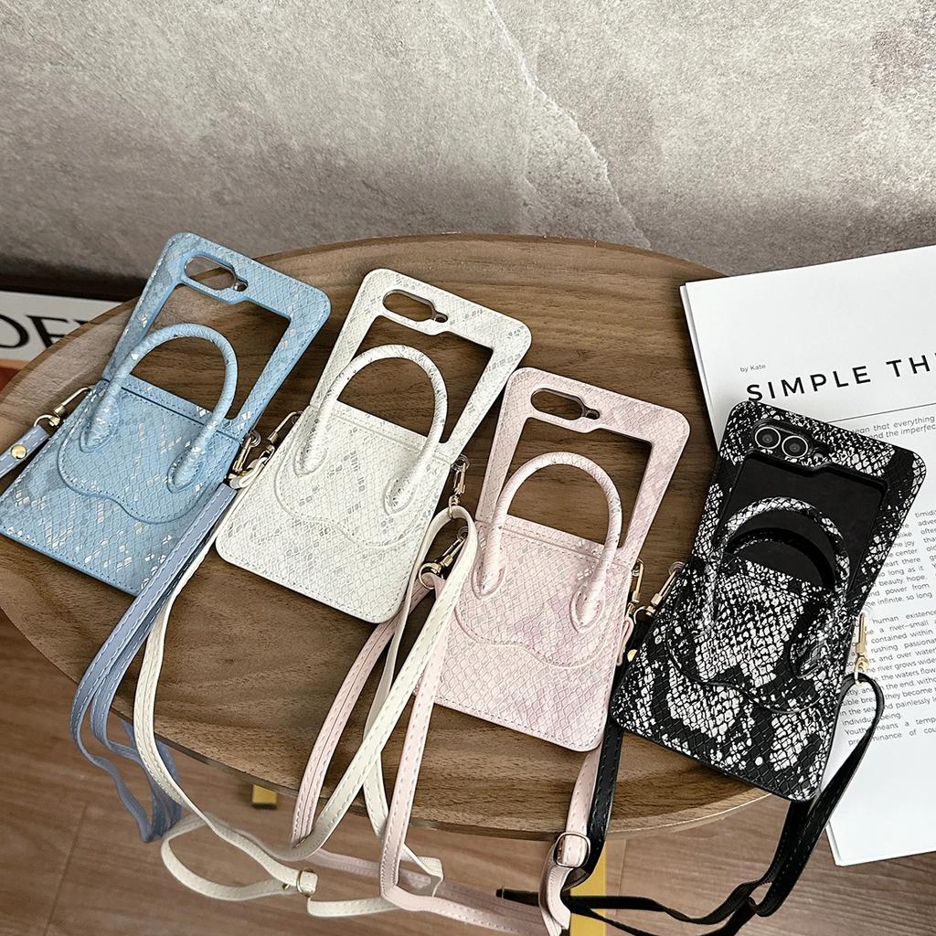 Snake Skin Pattern Handbag Wristband Crossbody PU Leather Phone Case for Samsung Galaxy Z Flip 6 5 4 3 Shockproof Cover
