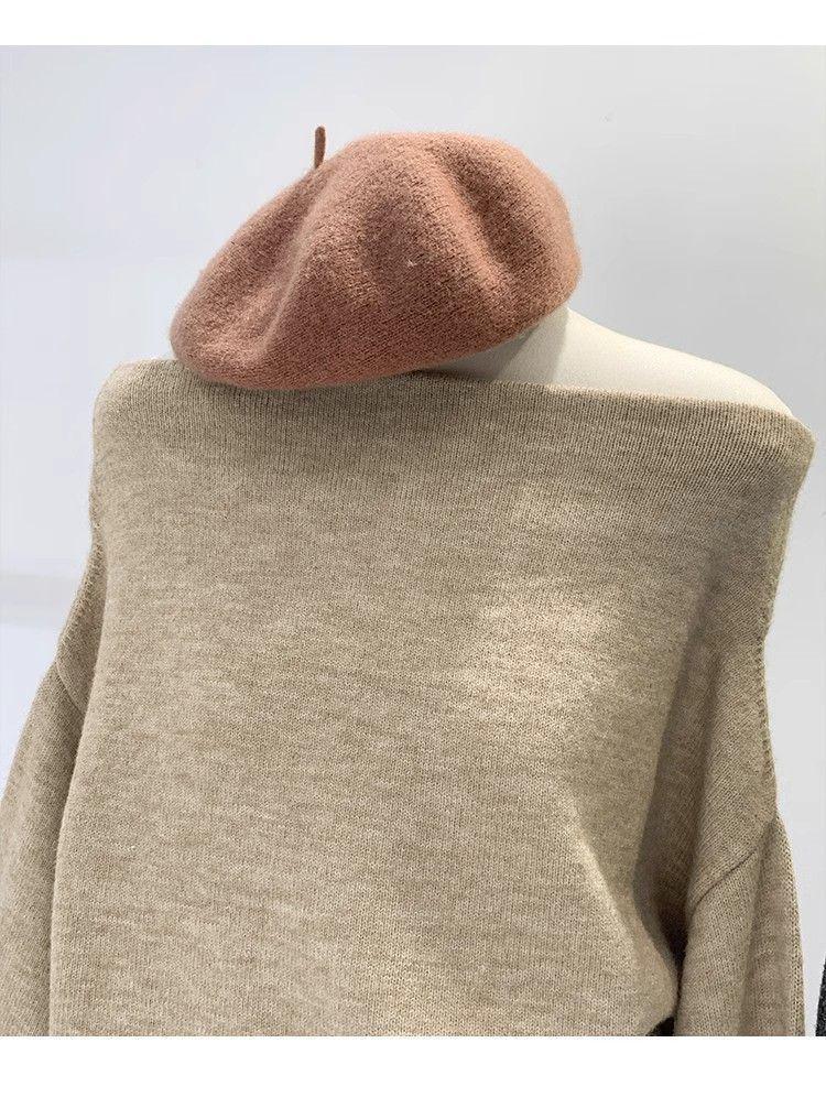 Women's French One-Shoulder Knit Top - Autumn/Winter 2024 Slim Off-Shoulder Sweater