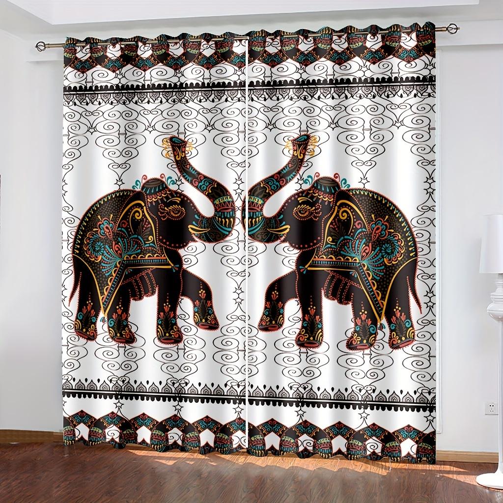 2pcs Boho Curtains, Indian Bohemian Hippie Window Drapes Mandala Animal Elephant Print Pattern Bore Room Decor Curtains.