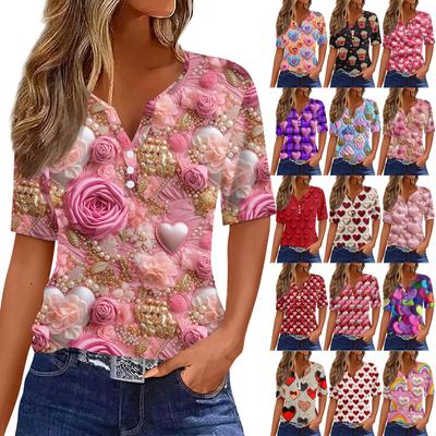 Dámské tričko Tričko Valentýnský potisk Tlačítko Tunika s krátkým rukávem Denní víkend Móda Basic s výstřihem do V Regular Top