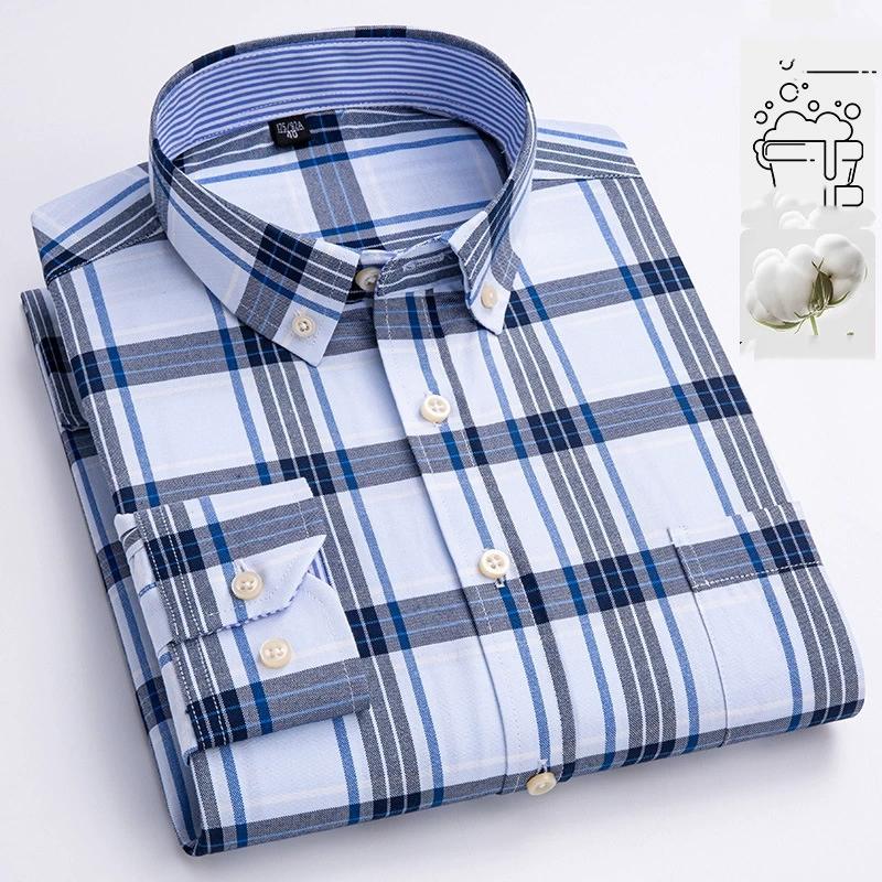 

Spring and Autumn Oxford Spun Men s Shirt Cotton Long-sleeved Casual Shirt Slim Plaid Casual Cotton Shirt XS