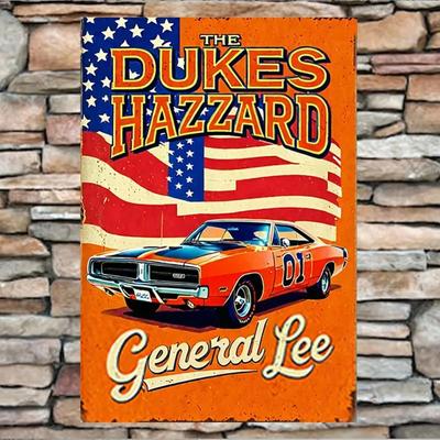 1980s Dukes of Hazzard General Lee Sign - Orange Muscle Car with Leaping Cowboy Silhouette | Collectible Steel Decor