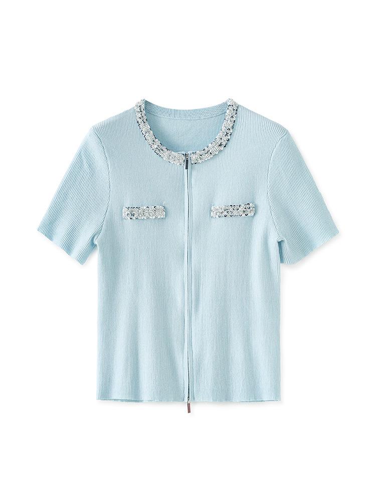 Heavy Industry Beaded Sequin Double Zipper Knit Cardigan - Short Sleeve Tencel