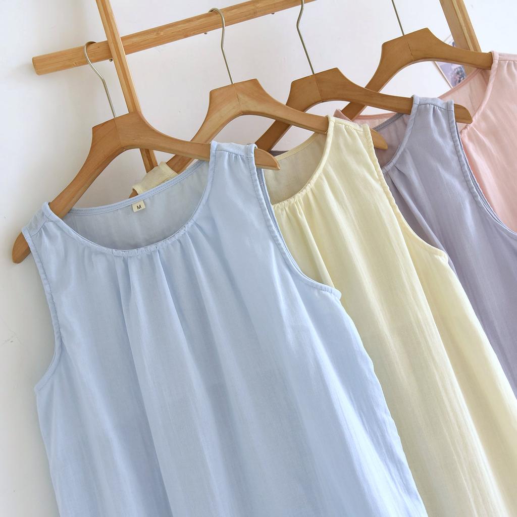 Pure Cotton Double-layer Yarn Nightdress Women's Spring and Summer New Round Neck Pure Cotton Medium and Long Dress Can Be Worn Outside Loungewear