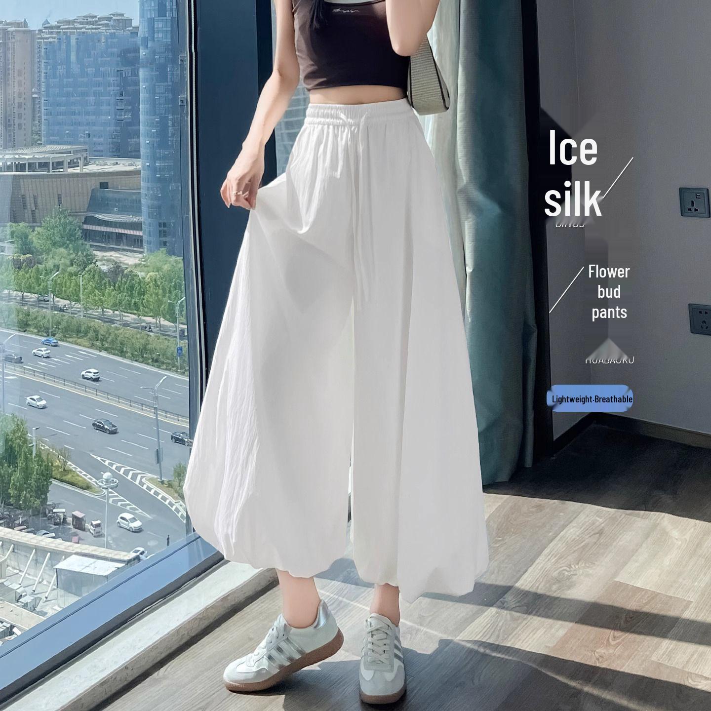 

Elegant Summer White Wide-Leg Bloomers for Women - Drapey, Non-Stick, Slimming Fit, Ideal for Petite Frames, Ice Silk Lantern Pants. Small