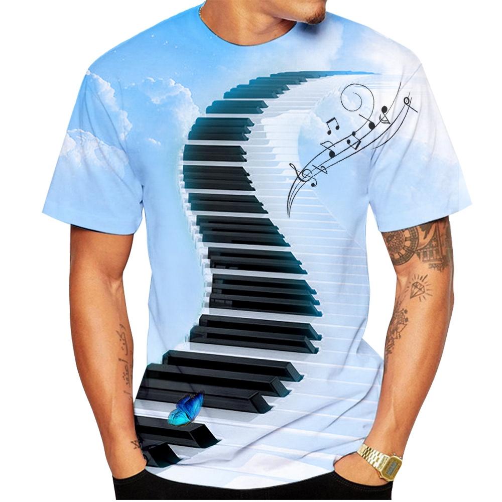 Summer Fashion 3D Piano Note Printed T-shirts Cool and Trendy Fashion Round Neck Short Sleeved Men's T-shirts