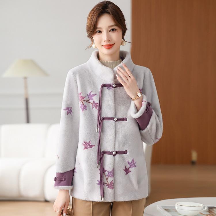 Elderly Women's Autumn and Winter Imitation Mink Velvet Coat New Style Mother's Winter Clothes Fashionable Chinese Style Woolen Jacket