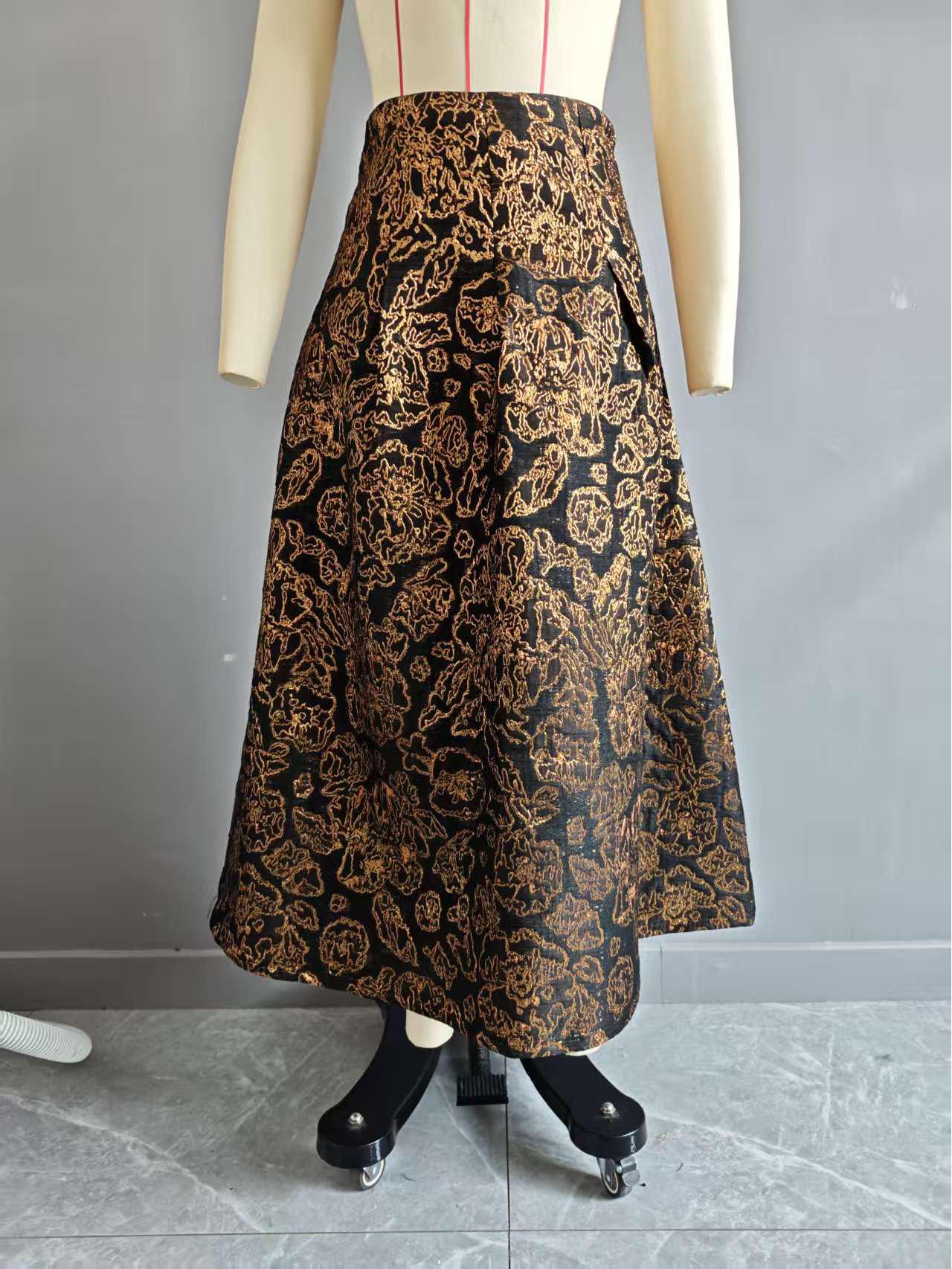 Женская юбка midi ZA Весна 2026 Европейский и американский стиль, высокая талия, золотой жаккард Small