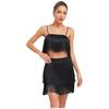 Womens 2 Piece Fringe Dance Set Adjustable Spaghetti Strap Crop Top Elastic Waist Tassel Skirt Club Party Costume
