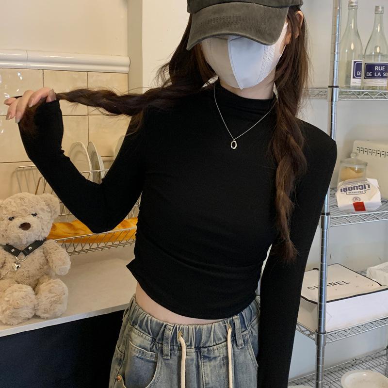 

GMXIA Базовая облегающая футболка с длинным рукавом, женская, ранняя весна, универсальная базовая рубашка, небольшой воротник-стойка внутри верха XXL