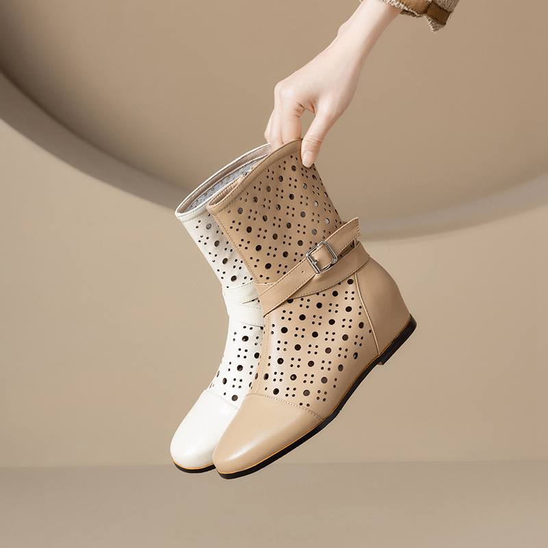 Krazing Pot Cow Split Leather Round Toe Size 43 Increaseing Summer Boots Fashion Hollow Decorations Buckle Summer Boots