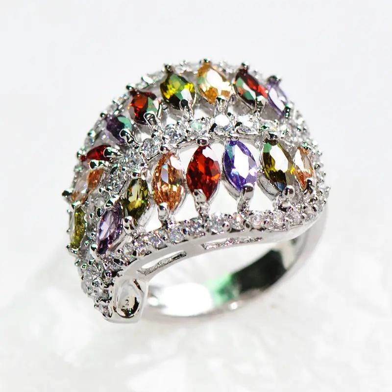 Huitan Women Leaf Shaped Rings with Marquise Colorful Cubic Zirconia CopperColor Fancy Daily Party Female Rings Trendy Jewelry