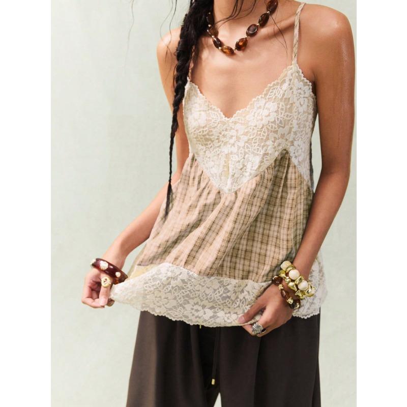 Womens Lace Plaid Patchwork Cami Top V Neck Spaghetti Strap Casual Sleeveless Blouse