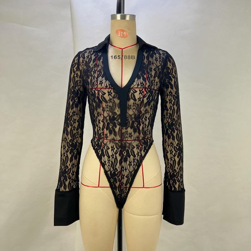 2024 European & American Lace Patchwork Deep V Top & Sheer Flared Pants Women's Set