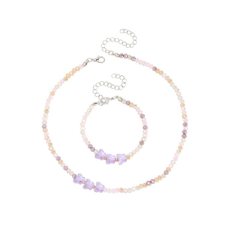Retro ethnic style colored crystal butterfly necklace bracelet combination, personalized design sense handmade jewelry