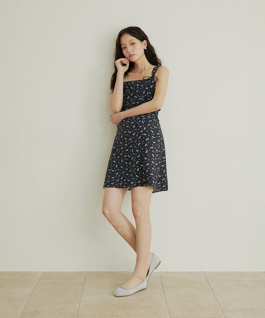 ADAUL Flower Pattern Shirring Mini Dress - Navy