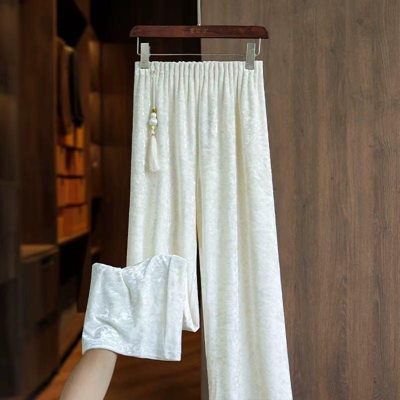Retro Chinese Style Golden Velvet Jacquard High Waist Slim Fit Pants for Spring and Autumn