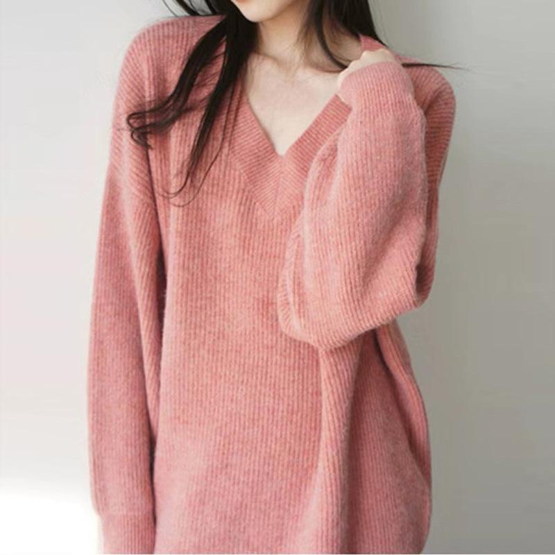 Loose and Lazy Wind V-neck Knitted Sweater Women's Autumn and Winter Thickened High-end Soft Waxy Sweater Bottoming Shirt Top