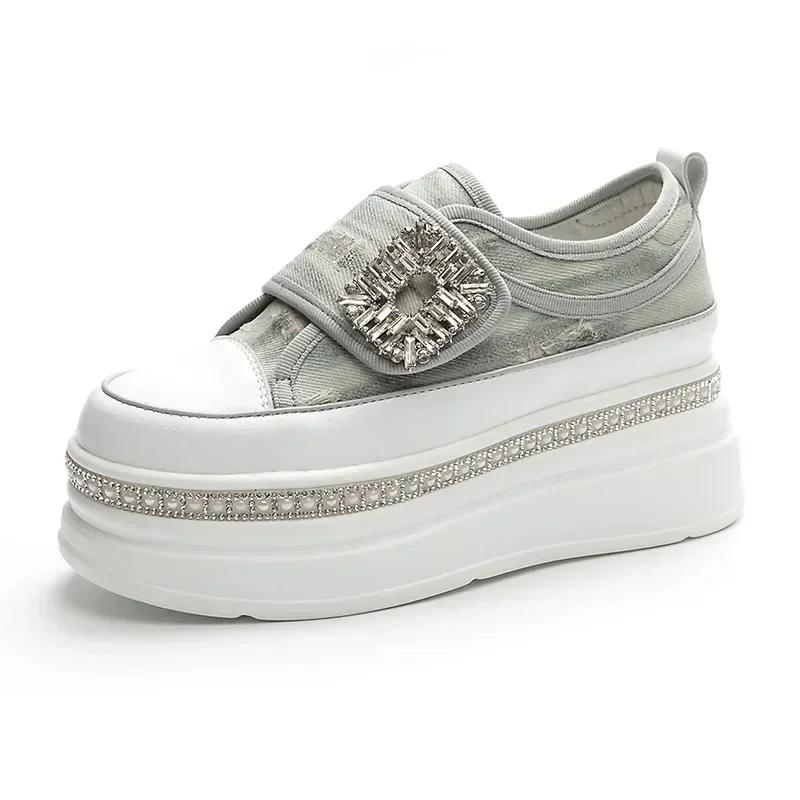 Fashion 6CM Denim Diamond Platform Wedge Genuine Leather Casual Spring Summer Autumn Comfy High Brand Chunky Sneakers Hidden Heels Shoes