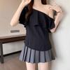 Pure desire one-word shoulder slash shoulder short-sleeved T-shirt women's summer, new Korean slim-fit irregular shawl pleated top