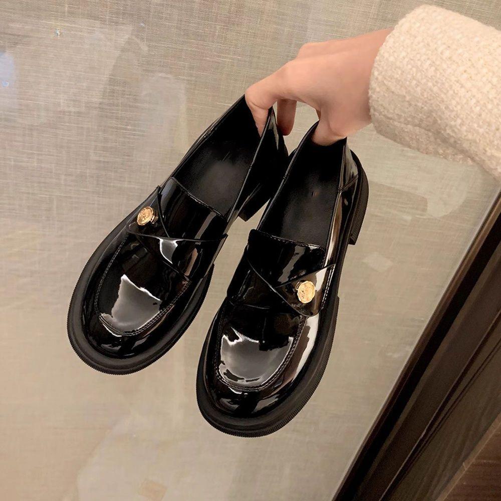 British small leather shoes women's 2025 new gold coin buckle round head thick heel platform loafers women's single shoes ins