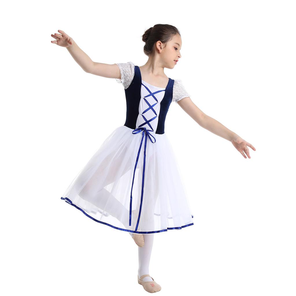 Kids Velvet Mesh Ballet Leotard Lacework Bubble Sleeve Tutu Dance Gymnastics Dress