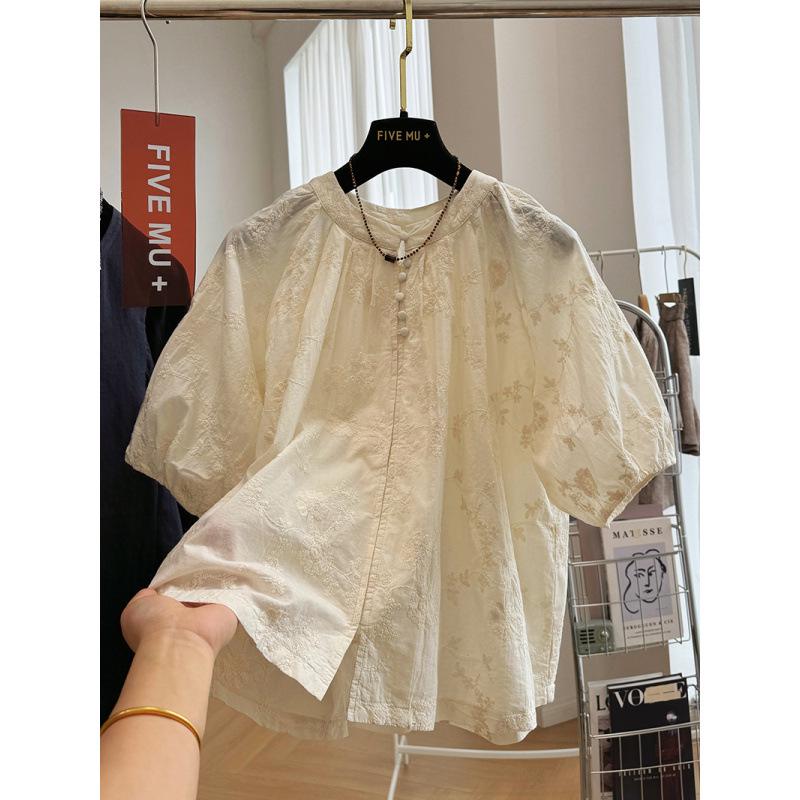 Elegant Women s Summer Embroidered Short-Sleeve Top in New Chinese French Style. XXL