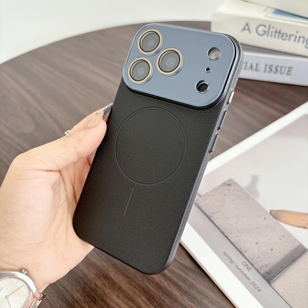 Litchi Texture Bumper For Magsafe Phone Case For iPhone 17 Air 16 15 14 13 12 Pro Max Glass Lens Leather Magnetic PC Hard Cover