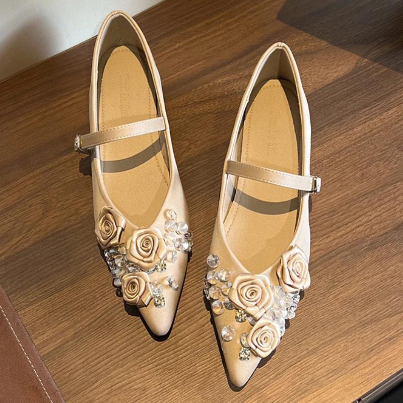Zapatos Planos de Mujer con Punta Fina y Diseño de Flor de Marca de Moda, Casuales para Boda y Fiesta, Cómodos, Zapatos Mary Jane con Pedrería