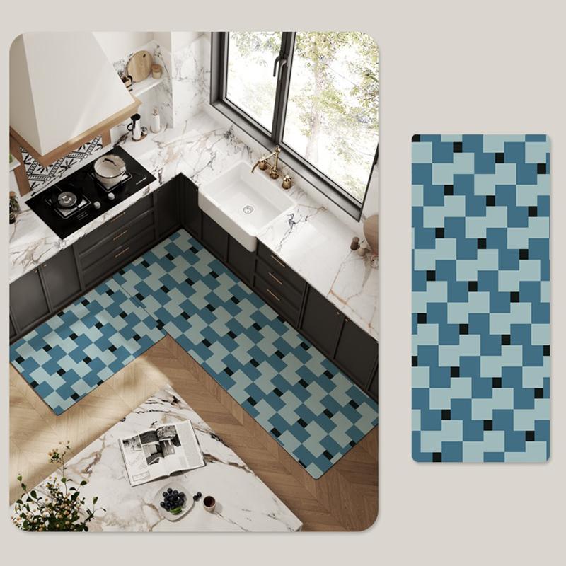 Kitchen Floor Mat Non-slip Waterproof Oil-proof Carpet PVC Leather Lattice Geometric Pattern Rug Long Ruler Home Decoration Mats