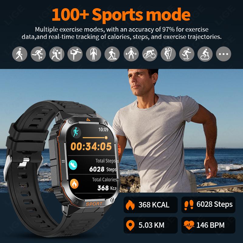 Military Flashlight Smart Watch Waterproof Heart Rate Fitness Sports Call Reminder Smartwatch For IOS Android Phone