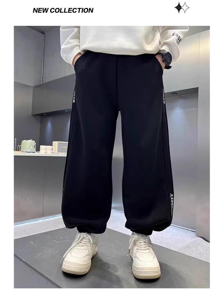 Baumwoll-Jogginghose für Jungen - Grau/Schwarz, Lässige Sportbekleidung für Frühling & Herbst, Größen für mittelgroße & große Kinder