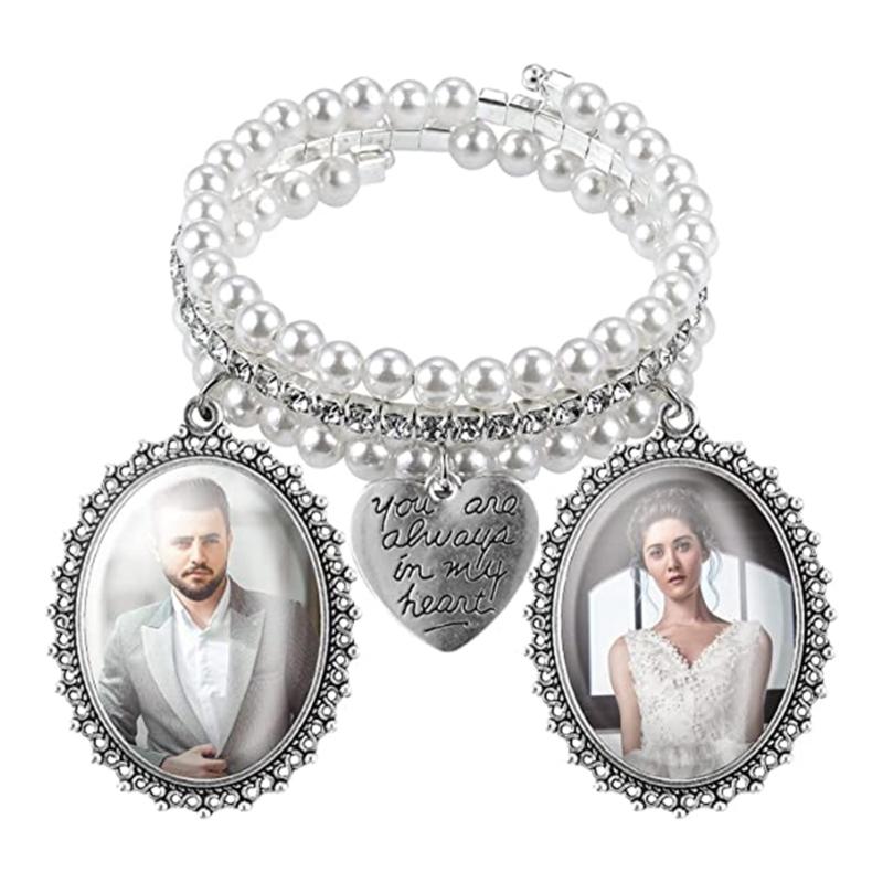 Armreif mit Bouquet-Bildanhänger, ovalem Glas-Cabochon, Hochzeitsfoto-Anhänger, herzförmigem Anhänger und Perle für Brautparty