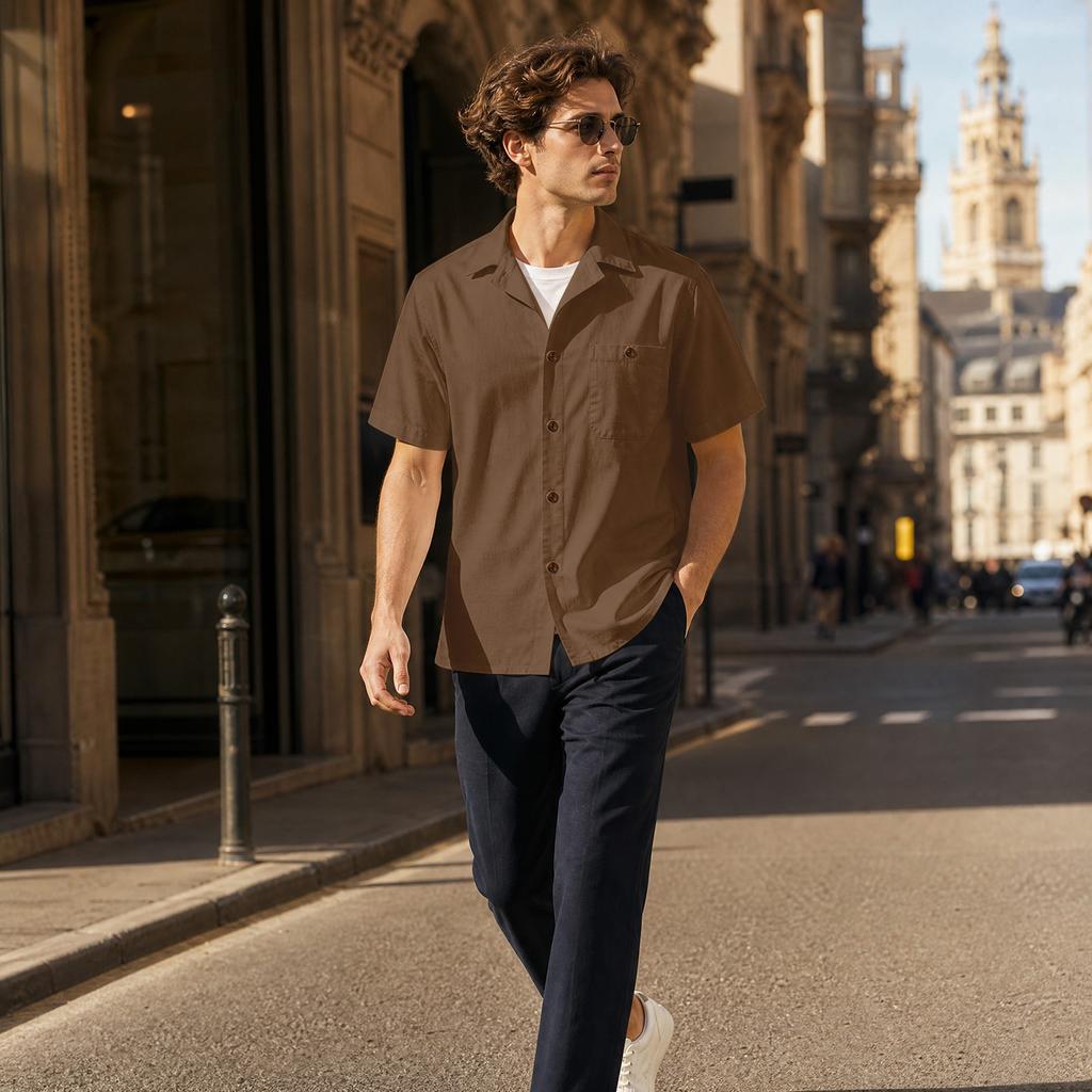 Men's Casual Short Sleeve Shirt Cotton Linen Blend Button Down Collar Lightweight Summer Top Beachwear