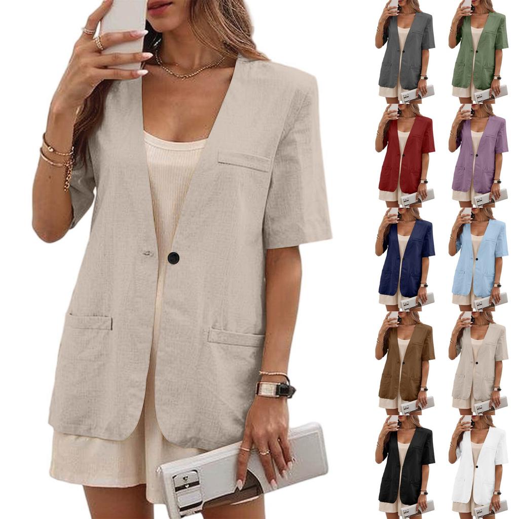 Women's  Work Casual Short Sleeve V-Neck Single Button Solid Color Coat