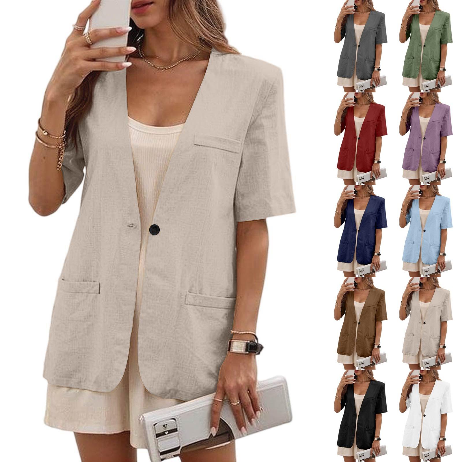 

Women s Work Casual Short Sleeve V-Neck Single Button Solid Color Coat S білий