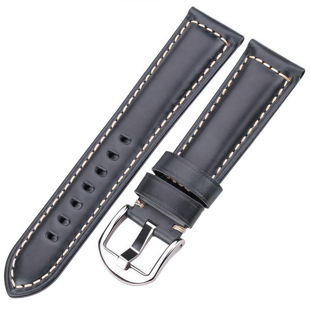 20mm 22mm 24mm 26mm First Layer Oil Wax Cowhide Padded Leather Watch Strap Screw-in Stainless Buckle Vintage Style Band