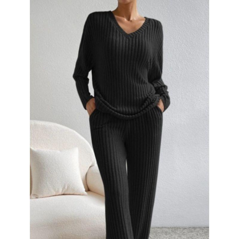 Western Style Spring and Autumn New Cross-Border V-neck Solid Sunken Stripe Loose Long Sleeves Shirt Trousers Casual Two-piece Suit Women Clothes