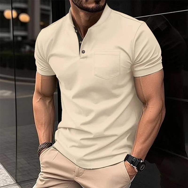 

Summer new foreign trade large size men s solid color short-sleeved button-up pocket T-shirt polo shirt S хаки
