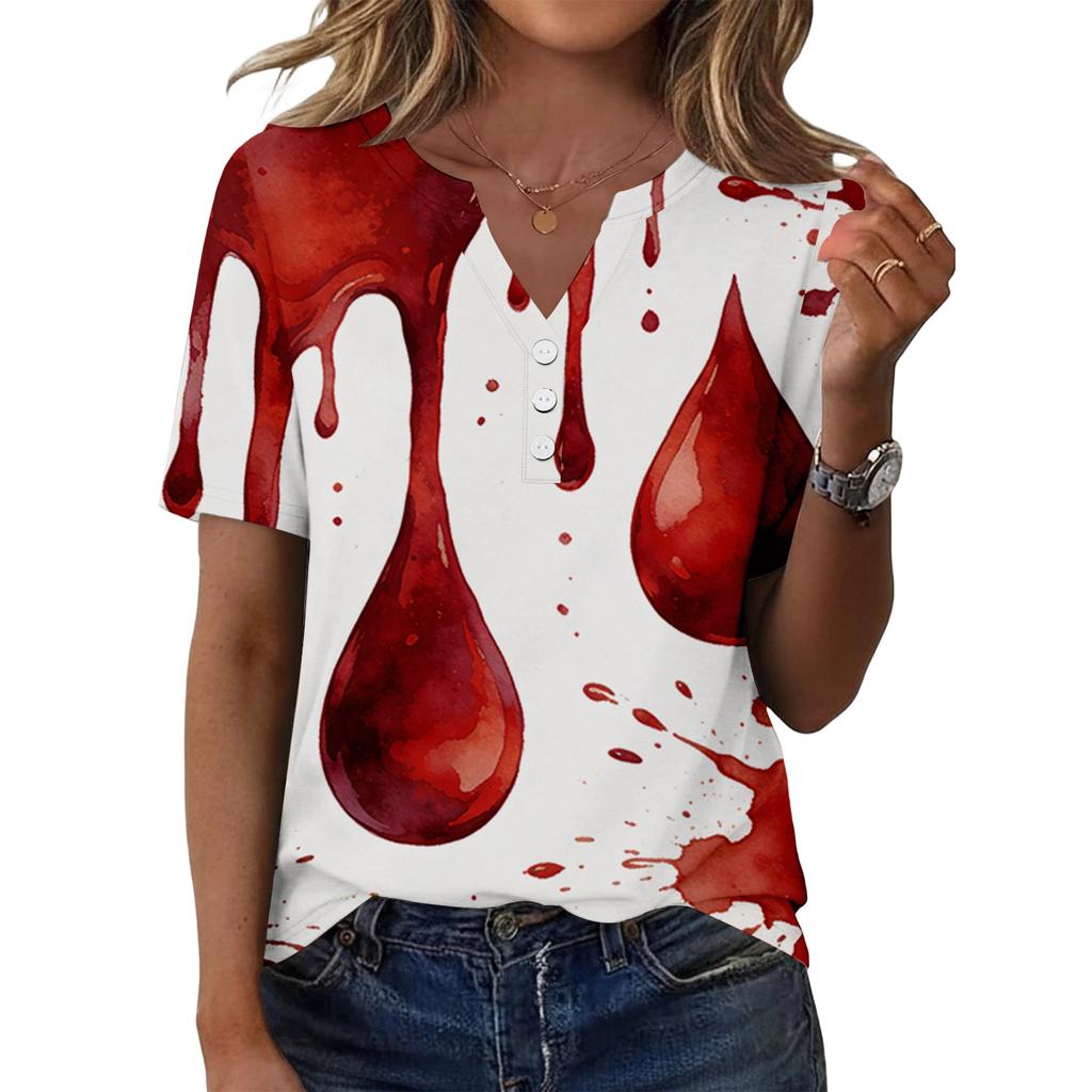 Women's Casual Halloween Print V Neck Short Sleeve Button Front T Shirt Top Lightweight Comfortable Summer Blouse