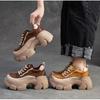 Johnature Thick Soled Heightening Pumps Genuine Leather Lace-up Versatile Retro Women's Platform Shoes