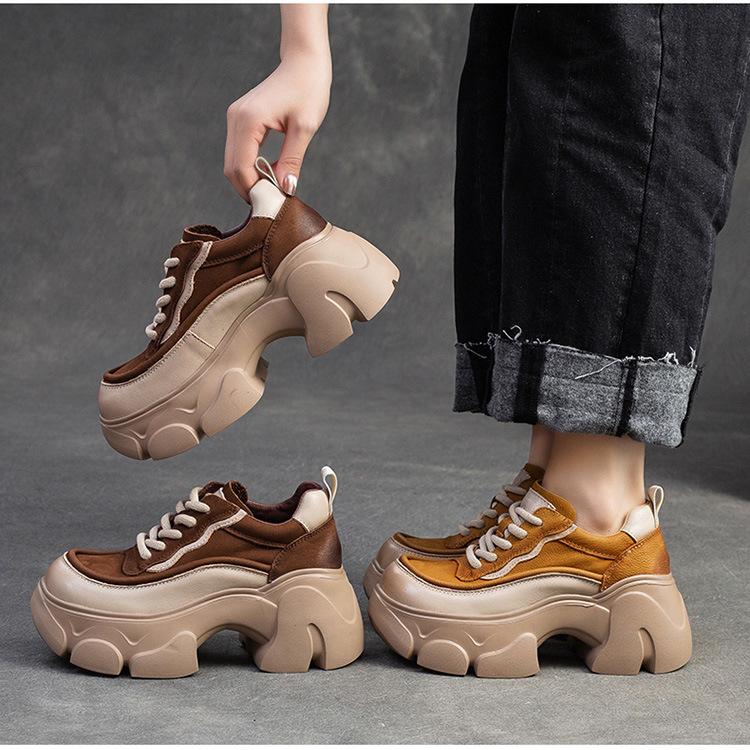 Johnature Thick Soled Heightening Pumps Genuine Leather Lace-up Versatile Retro Women's Platform Shoes
