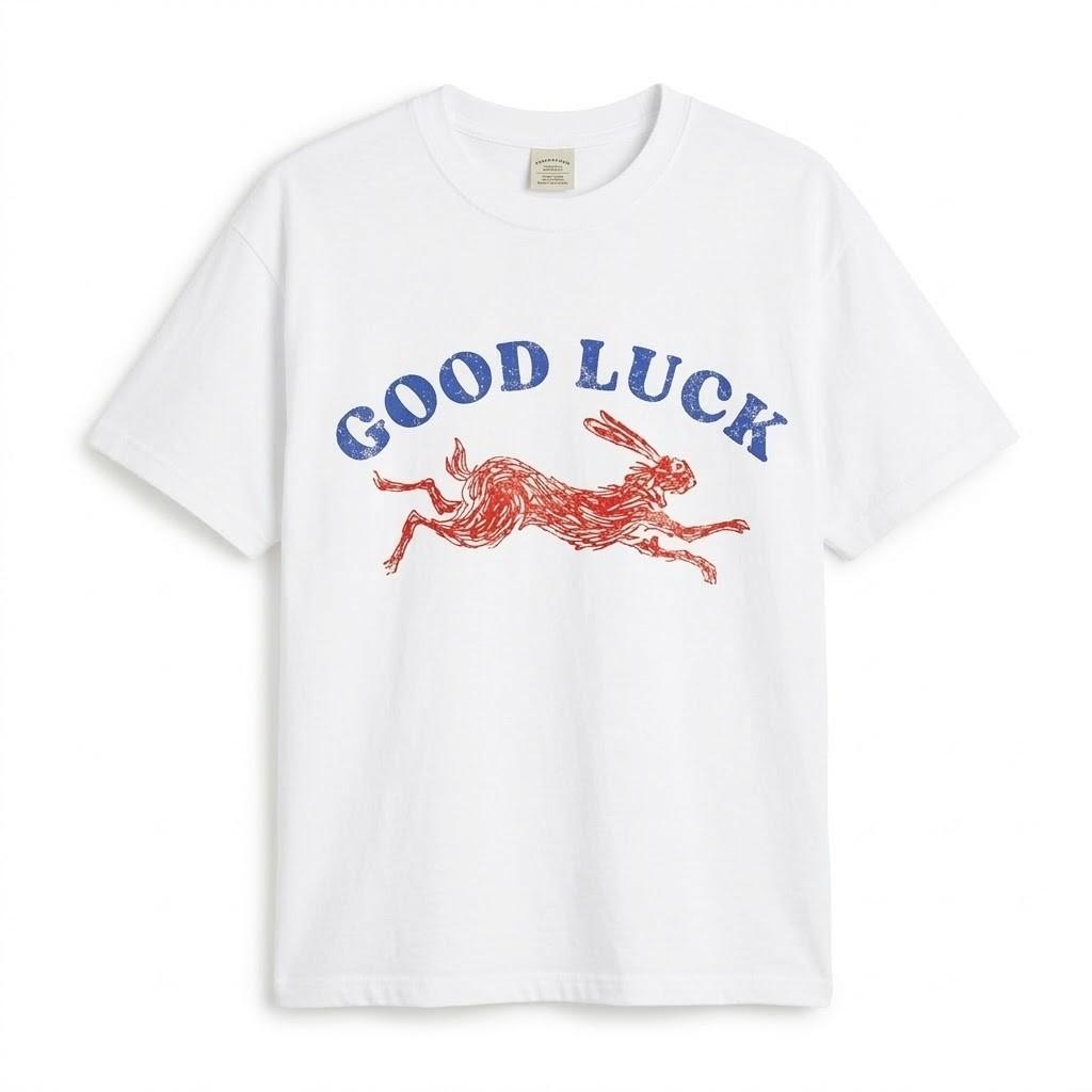 Vintage Good Luck Rabbit T-Shirt Retro Blue Red Graphic Tee for Men Women Unisex T-Shirt S