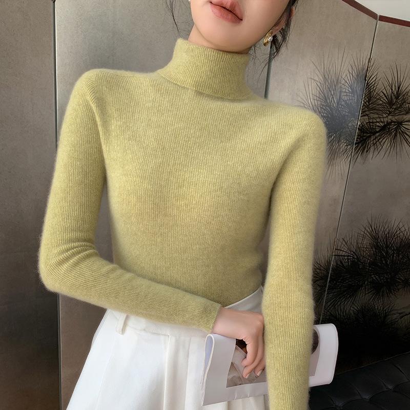 Women's Striped High Neck Wool Sweater - Slim Fit Long Sleeve Knit Base Layer Top