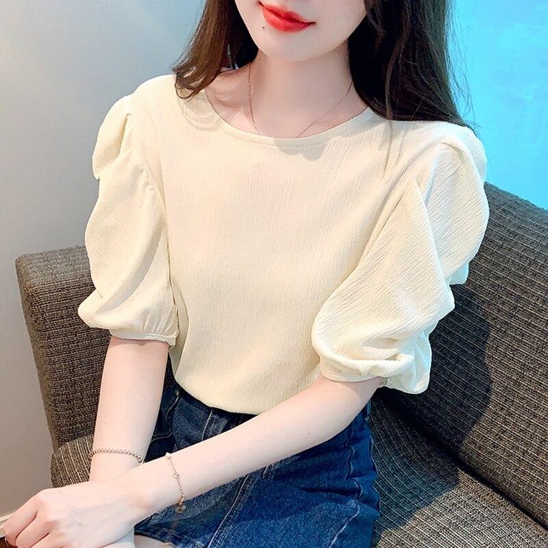 Women Shirts Office Lady Fashion Chiffon Tops Round Collar Sweet Short Puff Sleeve Blouse Solid Color Summer Clothes 27487