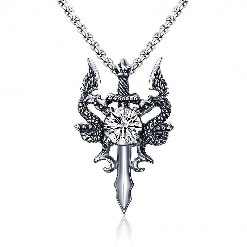 Titanium Steel Dragon Necklace, Double Dragon Retro Men's Domineering and Trendy Men's Inlaid Red and White Zircon Pendant