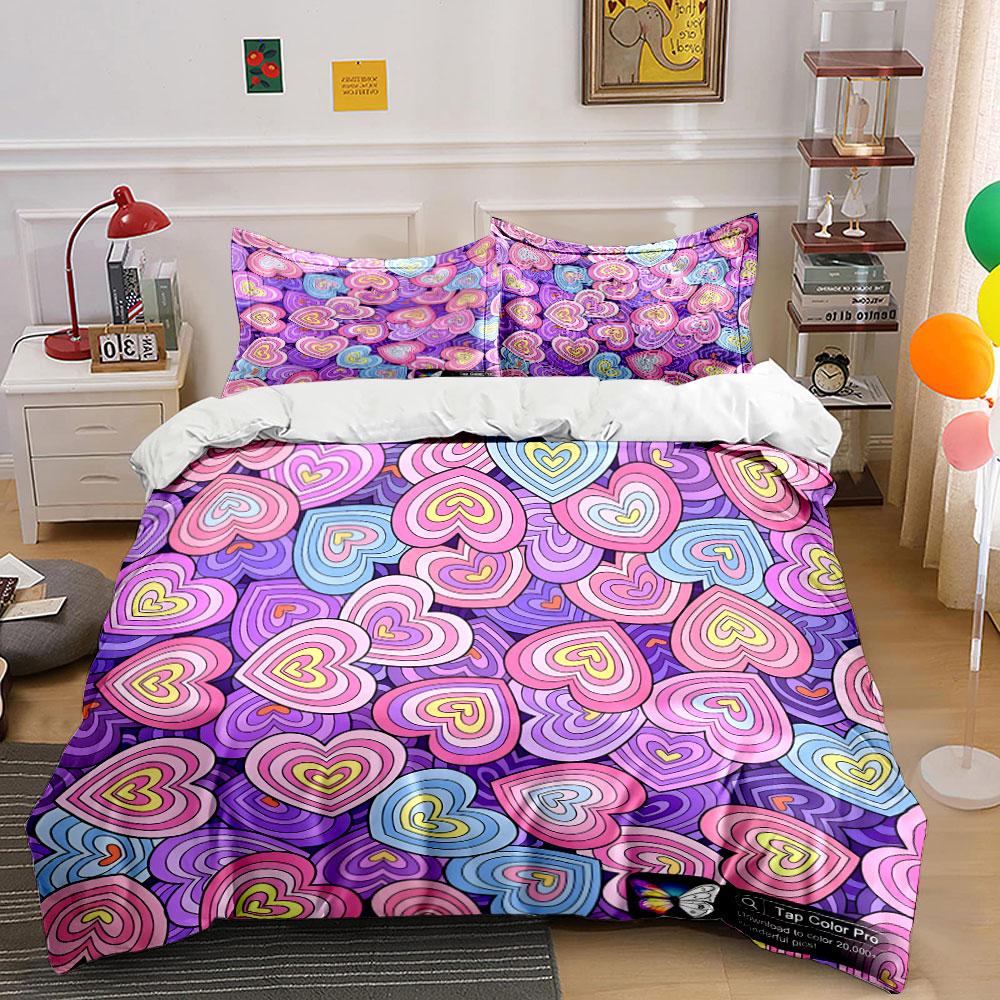 Colorful Heart-Themed Pattern Design Perfect For Valentine'S Day Exquisite Three-Piece Bedding Set Gift For Kids And Adults